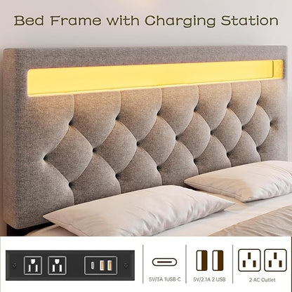 GarveeHome Queen Size Bed Frame with Charging Station and LED Lights, Upholstered Bed Frame with Adjustable Headboard, Heavy Duty Wood Slats, No Box Spring Needed, Easy Assembly, Grey