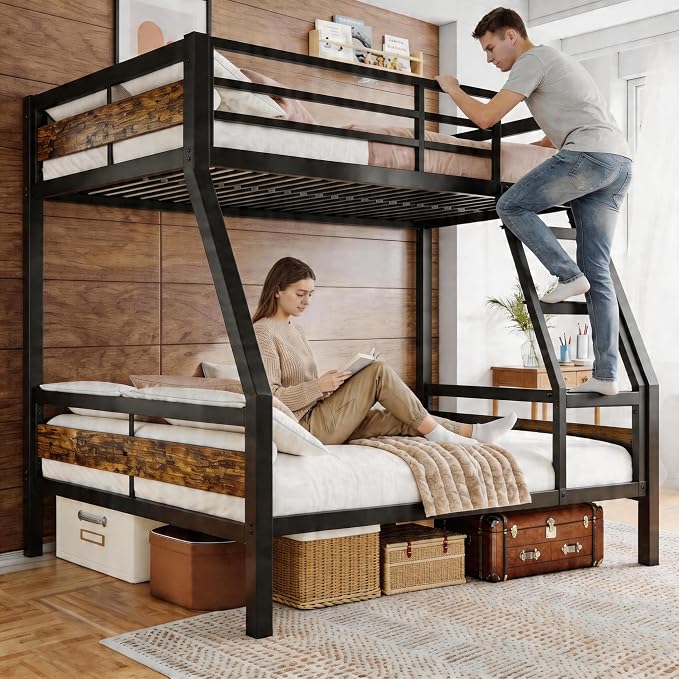 Einhomn Bunk Bed Twin Over Full, Heavy Duty Metal Bed with Ladder and Full-Length Guardrail, Large Under-Bed Storage Space, No Box Spring Needed, Noise Free, Rustic Brown