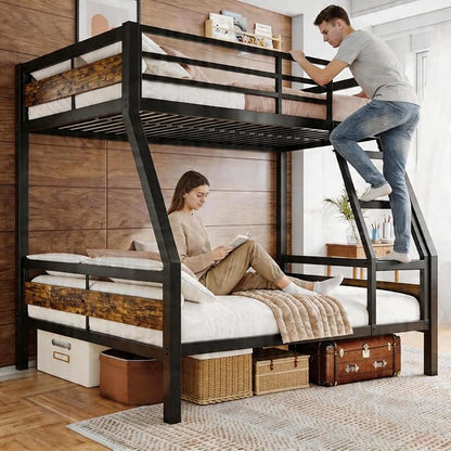 Einhomn Bunk Bed Twin Over Full, Heavy Duty Metal Bed with Ladder and Full-Length Guardrail, Large Under-Bed Storage Space, No Box Spring Needed, Noise Free, Rustic Brown