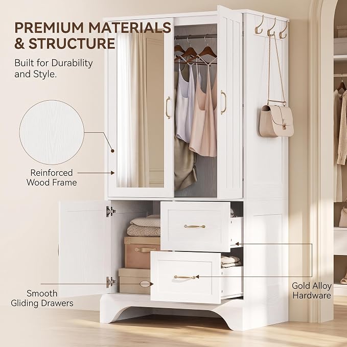 LIKIMIO Armoire Wardrobe Closet with Mirror and 3 Doors and 2 Drawers, Bedroom Wooden Armoire Storage Cabinet Combination with Hanging Rod for Bedroom, White