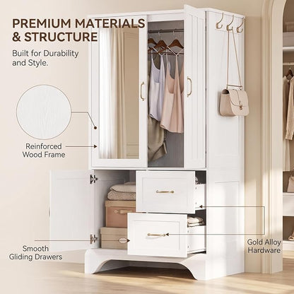 LIKIMIO Armoire Wardrobe Closet with Mirror and 3 Doors and 2 Drawers, Bedroom Wooden Armoire Storage Cabinet Combination with Hanging Rod for Bedroom, White