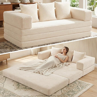 Convertible Sofa Bed Couch, 78’’ Oversized 4-in-1 Boneless Couches with Removable Armrests Backrest, Corduroy Futon Sofa Bed, Foldable Mattress Sleeper Sofa for Living Room Bedroom (Beige)