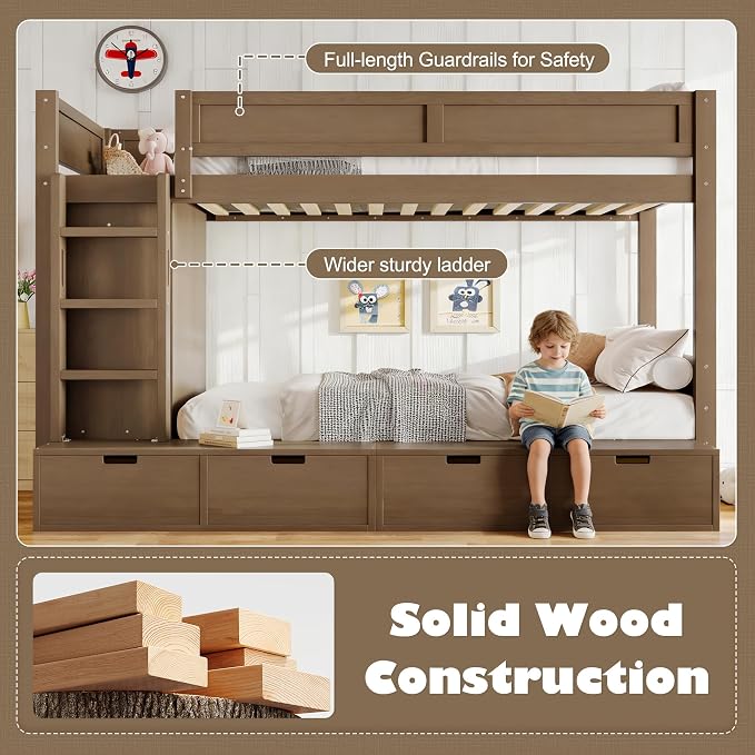 Bellemave Twin Over Twin Bunk Bed with Storage Drawers,Solid Wood Bunk Bed with Built-in Wardrobe,Storage Shelf and Safety Guardrails for Kids Girls Boys,Brown