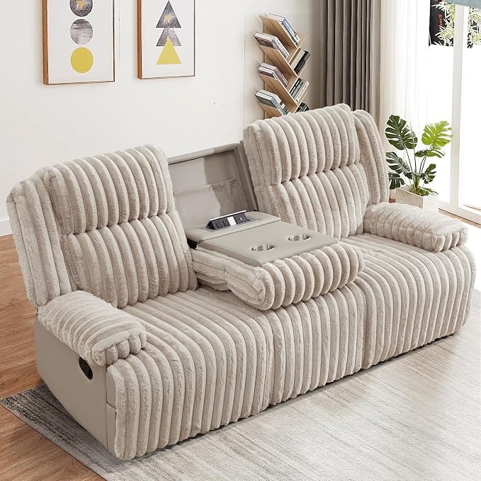 Oversized Reclining Sofa with Flip-Up Middle Backrest, Manual 3 Seater Recliner Sofa, Wall Hugger Recliner Couch with Outlets/USB Ports for Living Room, Bedroom(Beige, Sofa)