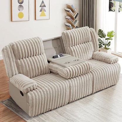 Oversized Reclining Sofa with Flip-Up Middle Backrest, Manual 3 Seater Recliner Sofa, Wall Hugger Recliner Couch with Outlets/USB Ports for Living Room, Bedroom(Beige, Sofa)