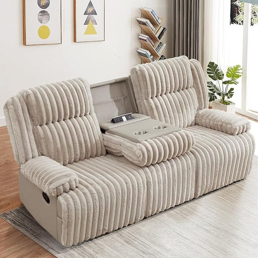 Oversized Reclining Sofa with Flip-Up Middle Backrest, Manual 3 Seater Recliner Sofa, Wall Hugger Recliner Couch with Outlets/USB Ports for Living Room, Bedroom(Beige, Sofa)