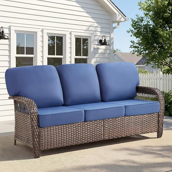 Belord Luxury Outdoor High Back Couch, All-Weather Wicker 3-Seater Sofa, Wicker Patio Furniture for Deck Porch Garden,Blue