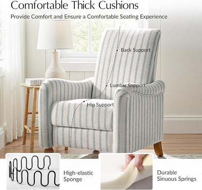 HULALA HOME Farmhouse Recliner Chair with Solid Wood Spindle Legs, Striped Push Back Recliner Armchair with Adjustable Backrest & Footrest, Comfy High Back Lazyboy Single Sofa for Living Room, Blue