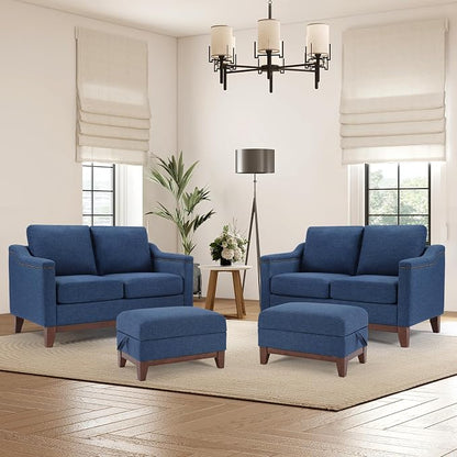 HAOMARKETS 4 Piece Fabric Sofa Set with Nailhead Trim, Included 2 Loveseat 2-Seater Couch with Thicked Cushion and 2 Upholstered Storage Ottoman with Flip-Top Table, Living Room Furniture Set,Blue