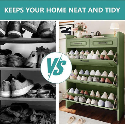 Shoe Cabinet with 3 Large Flip Drawers and 2 Storage Drawers, Narrow Shoe Organizer Cabinet Fits for Kinds of Shoes, Hidden Shoe Storage Cabinet for Entryway, Hallway, Green