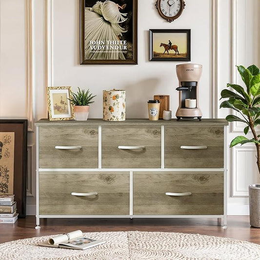 5-Drawer Dresser for Bedroom, Anti-Tip Wide Storage Organizer Fabric Chest of Drawers TV Stand for 45" TV with Wooden Top and Metal Frame for Closet, Living Room, Hallway, Entryway, Greige Oak
