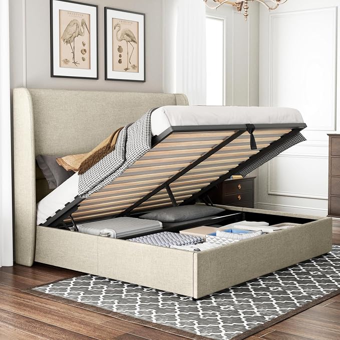 Jocisland Queeen Size Upholstered Platform Bed Frame with Hydraulic Lift Storage, Wingback Headboard, Wood Slats Support, No Box Spring Needed, Linen Off Khaki