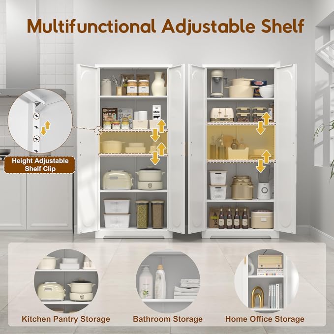 UNICOLY 71" Kitchen Pantry Cabinet, Pantry Storage Cabinet with Doors and 4 Shelves, Metal Storage Cabinets for Laundry Room, Living Room, Dinning Room, Assembly Required, White