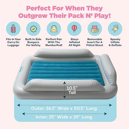 SlumberPod SlumberTot Inflatable Toddler Travel Bed - Portable Kids Air Mattress with Safety Bumpers - Perfectly Sized Ideal for Travel or Home Use - Includes Electric Pump