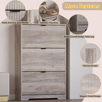 BORNOON Entryway Shoe Cabinet with 3 Flip Drawers, Narrow Shoe Organizer Cabinet with Fluted Panel and Adjustable Shelves for Foyer, Hallway