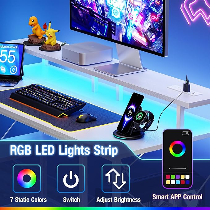 DUMOS 47” Gaming Desk with USB Charging Ports & LED Lights, Reversible Computer Desk with Drawers, PC Desk for Home Office Small Space, Gaming Table Fits PC Towers, White