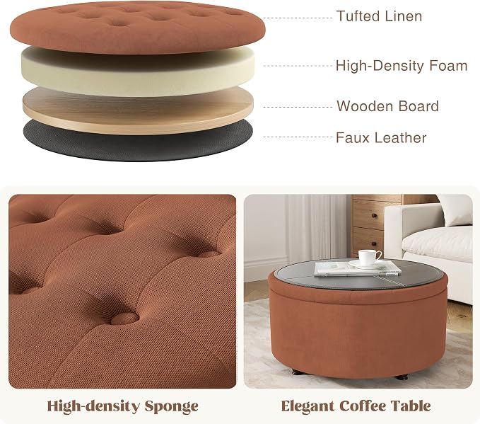 30 Inch Round Storage Ottoman,Modern Tufted Ottomans,Upholstered Large Ottoman with Storage with Removable Top Footrest Stool for Bedroom Living Room (Orange)