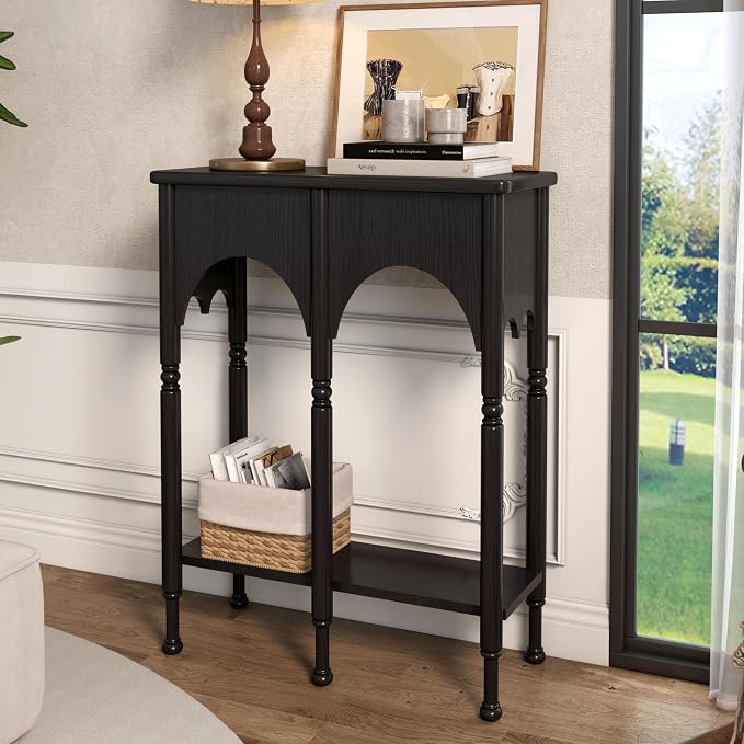 Console Table with Storage Shelf Set of 2, Retro Modern 2-Tier Entryway Table, Narrow Sofa Table with Roman-Style Legs for Living Room, Hallway, Black
