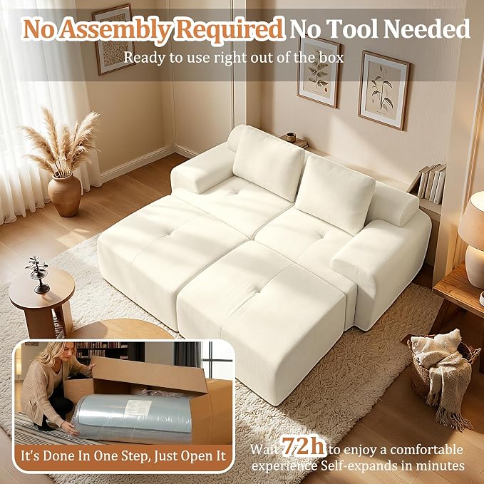 85" Oversized Boneless Couch, Comfort Cloud Sectional Couches for Living Room, Modular Sofa High Back & Extra Deep Seat, No Assembly, Soft Chenille Fabric (Warm White, 85 inch- Shaped（2+2）)
