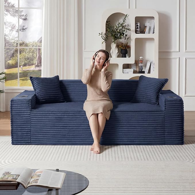 Boneless Sectional Sofa Couch with Cup Holders & Side Pockets, Modern Corduroy Fabric Deep Seat 3-seat Cloud Couch for Living Room Office, No Assembly (Blue)