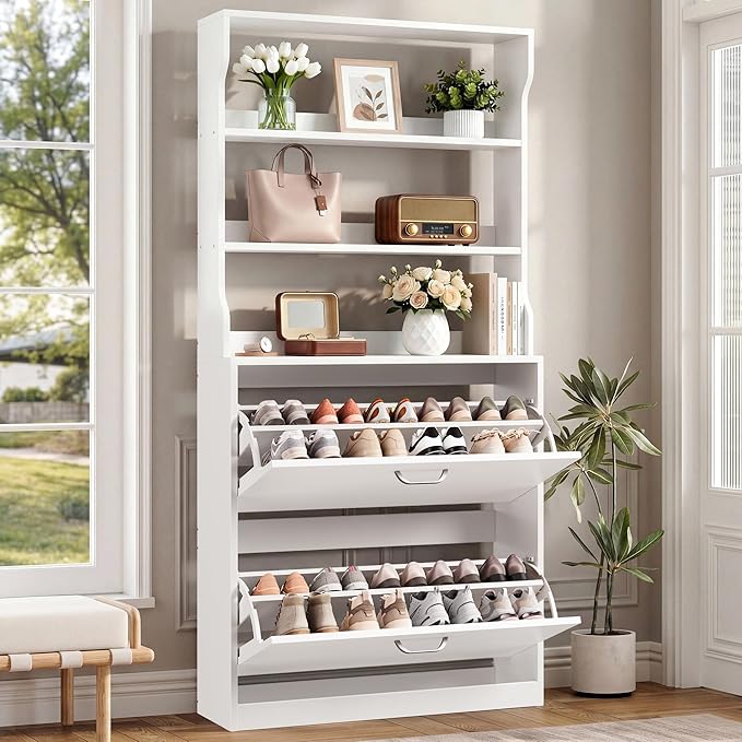 IRONCK Tall Shoe Cabinet with 2 Flip Drawers, Narrow Hidden Shoe Storage Cabinet with Shelves, Slim Freestanding Shoe Organizer for Entryway, Hallway, White