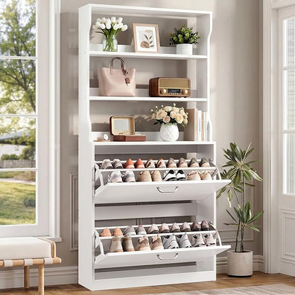 IRONCK Tall Shoe Cabinet with 2 Flip Drawers, Narrow Hidden Shoe Storage Cabinet with Shelves, Slim Freestanding Shoe Organizer for Entryway, Hallway, White