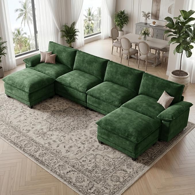 Modern U Shaped Sofa Couches for Living Room, Modular Sectional Cloud Couch with Movable Ottoman, Comfy Chenille Sofa for Apartment and Small Space, Green