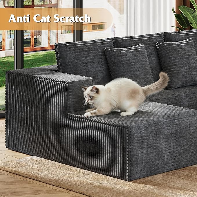 WLIVE 108'' Cloud Sectional Couches for Living Room, Modular Boneless Couch with Right Facing Chaise, L Shape Memory Foam Corduroy, with Cushion, Grey