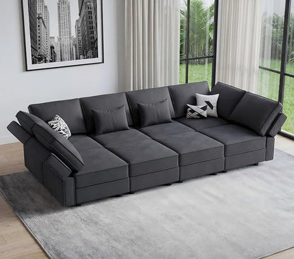 Vesgantti Sectional Sleeper Sofas with Storage, 118" Sofa Bed with 8 Seats Storage Chaises Removable Cover, Deep Seat Modular Couches Velvet Couch Set for Living Room, Apartment, Home Theater, Gray