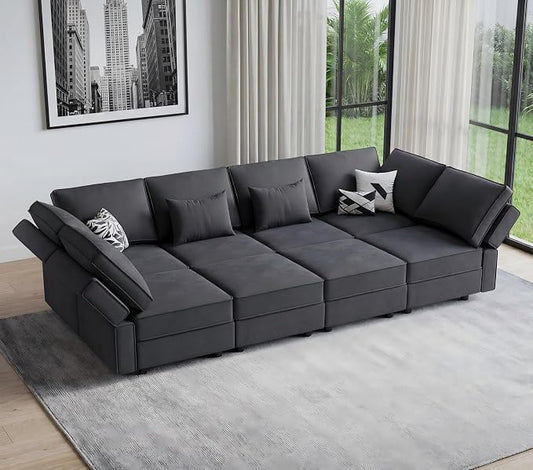 Vesgantti Sectional Sleeper Sofas with Storage, 118" Sofa Bed with 8 Seats Storage Chaises Removable Cover, Deep Seat Modular Couches Velvet Couch Set for Living Room, Apartment, Home Theater, Gray