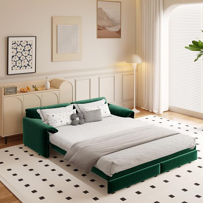 66" Sleeper Sofa Bed Queen Size, 3-in-1 Convertible Couch, Modern Pull Out Couches, Comfy Velvet Futon Sofa, Cloud Loveseat Lounge, Pillow Arm, for Small Spaces, Living Room, Apartment, Green