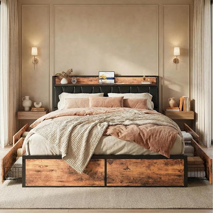 LIKIMIO California King Bed Frame with 4 Storage Drawers, Platform Bed with Charged Headboard, Sturdy and Stable, No Noise, No Box Spring Needed, Easy to Install, Vintage Brown and Black