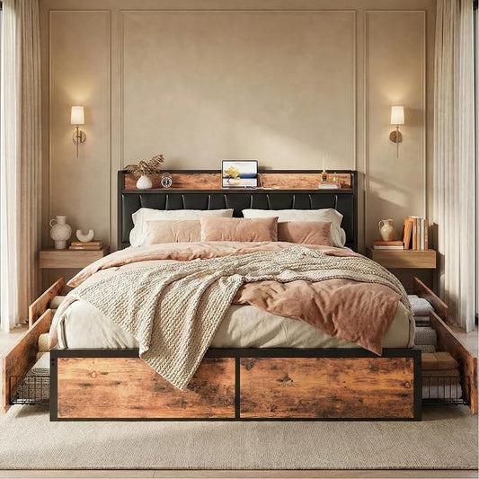 LIKIMIO California King Bed Frame with 4 Storage Drawers, Platform Bed with Charged Headboard, Sturdy and Stable, No Noise, No Box Spring Needed, Easy to Install, Vintage Brown and Black