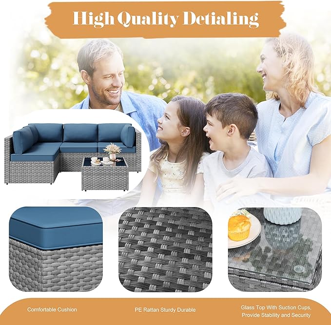 Vongrasig 5 Pieces Outdoor Sectional Furniture, All-Weather Rattan Patio Furniture Set, Wicker Patio Sectional Couch with Cushion, Glass Table, Navy Blue