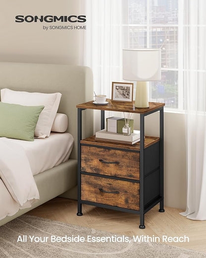 SONGMICS Nightstand, Bed Side Table, End Table with 2 Drawers and 1 Open Shelf, Industrial, Rustic Brown, BELLAH Collection ULGS052K101S