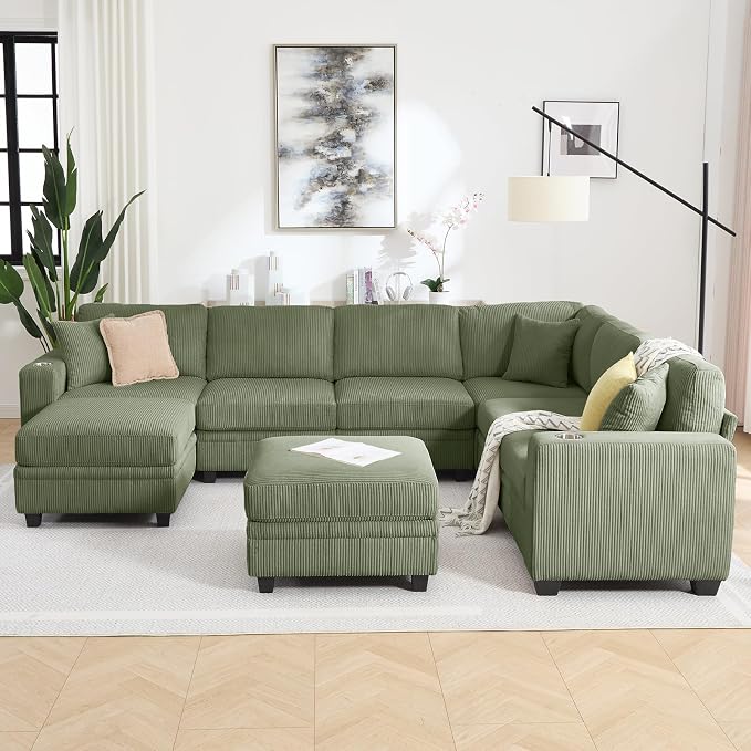 127" Modular Sectional Sofa with Storage, Corduroy 8-Seater V-Shaped Sofa with Ottoman Chaise, Convertible L-Shaped U-Shaped Cloud Sectional Couches for Living Room, Apartment