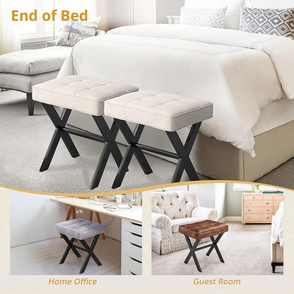 LUE BONA Ottoman Foot Stool Vanity Stool, Square Linen X-Leg Foot Rest Ottoman Makeup Stool, Small Stool Chair for Vanity, Modern Padded Vanity Seat for Makeup Room, Living Room, Bathroom, Linen Color