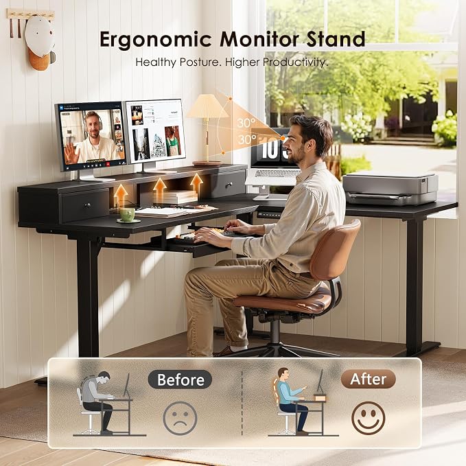 OffiGo 59 Inch L Shaped Electric Standing Desk with Drawers, Height Adjustable Corner Computer Desk with Keyboard Tray & Monitor Stand, Stand Up Table for Home Office Workstation, Black