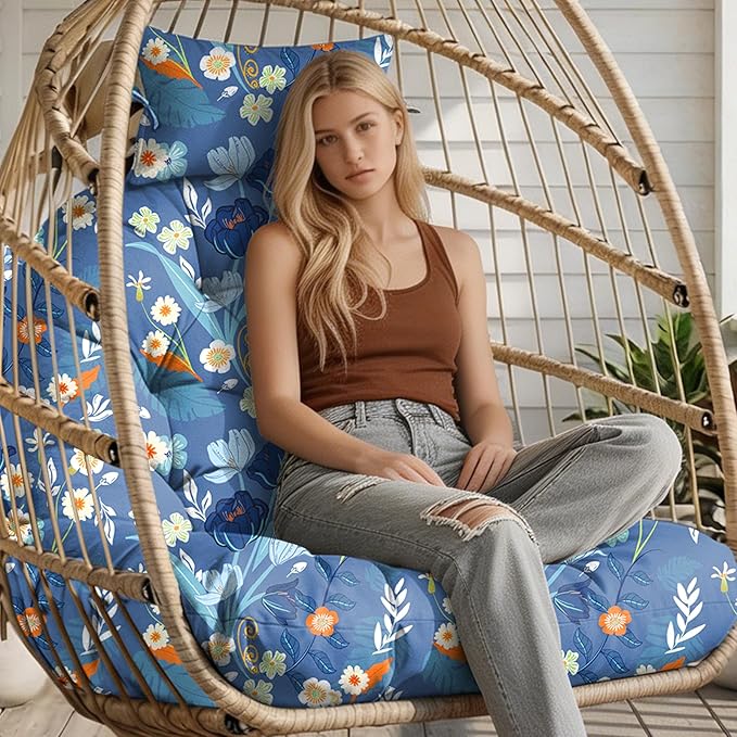 Outdoor Hanging Egg Chair Cushion Replacement, Extra Large Waterproof Egg Swing Cushions with Headrest Pillow and Ties, U-Shaped Thickened Cushion for Hanging Eggs Chair (Blue Floral)