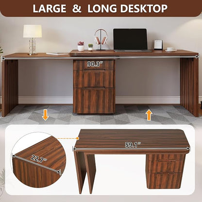 90” Modern L-Shaped Desk with 3 Drawers, 360° Wood Rotating Desk, Workstation for Home Office, Living Room, Walnut