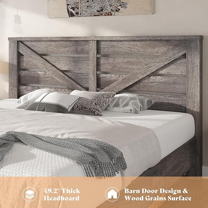 AMERLIFE Full Size Bed Frame with 49.2" Barn Door Headboard and Footboard, Farmhouse Platform Bed Frame with Wood Slats, No Box Spring Needed, Under Bed Storage, Rustic Gray