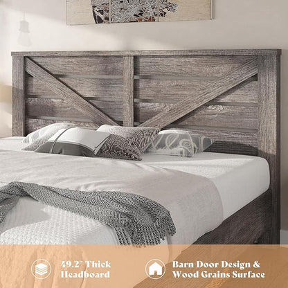 AMERLIFE Full Size Bed Frame with 49.2" Barn Door Headboard and Footboard, Farmhouse Platform Bed Frame with Wood Slats, No Box Spring Needed, Under Bed Storage, Rustic Gray