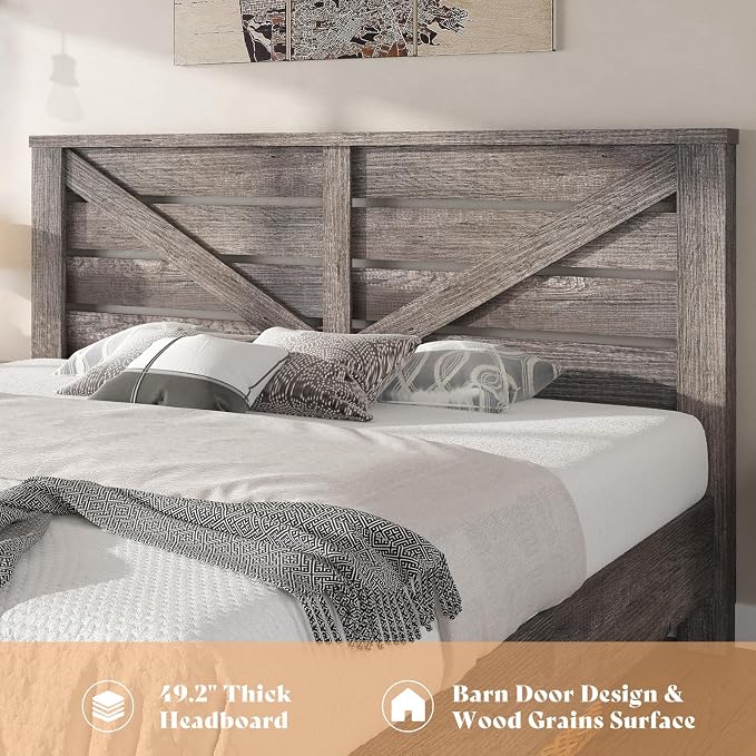 AMERLIFE King Size Bed Frame with 49.2" Barn Door Headboard and Footboard, Farmhouse Platform Bed Frame with Wood Slats, No Box Spring Needed, Under Bed Storage, Rustic Gray
