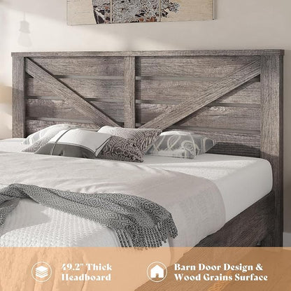 AMERLIFE King Size Bed Frame with 49.2" Barn Door Headboard and Footboard, Farmhouse Platform Bed Frame with Wood Slats, No Box Spring Needed, Under Bed Storage, Rustic Gray