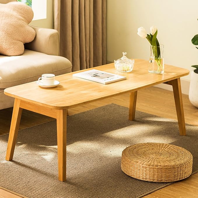 Baveke Folding Coffee Table- Foldable Floor Tables, Mid Century Coffee Table for Living Room, Small Coffee Tables Solid Wood Japanese Low Table for Sitting on Floor, No Assembly, 47.2''-Natural