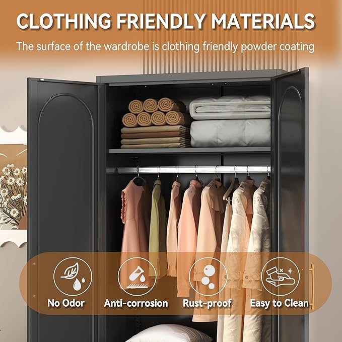Polup Metal Armoire Wardrobe Closet with Doors and Shelves, 71" Tall Wardrobe Closet with Hanging Rod, Freestanding Clothes Cabinets, Steel Wardrobes for Bedroom, Home Office, Employee, Black