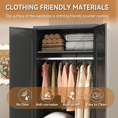 Polup Metal Armoire Wardrobe Closet with Doors and Shelves, 71" Tall Wardrobe Closet with Hanging Rod, Freestanding Clothes Cabinets, Steel Wardrobes for Bedroom, Home Office, Employee, Black