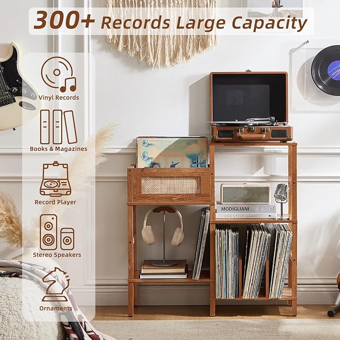 LELELINKY Record Player Stand, Brown Wood Record Holder with Vinyl Storage Holds up to 300+ Albums, 3-Tier Rattan Media Table with Vinyl Display Shelf, Record Storage Cabinet for Living Room