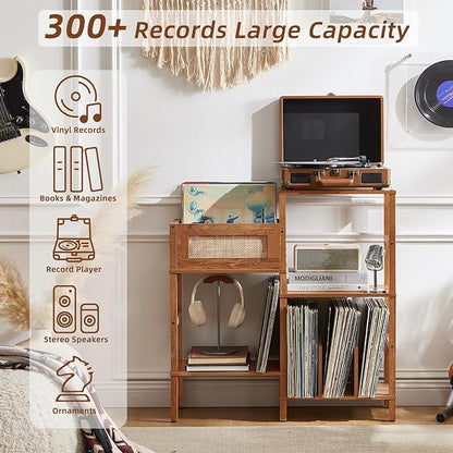 LELELINKY Record Player Stand, Brown Wood Record Holder with Vinyl Storage Holds up to 300+ Albums, 3-Tier Rattan Media Table with Vinyl Display Shelf, Record Storage Cabinet for Living Room