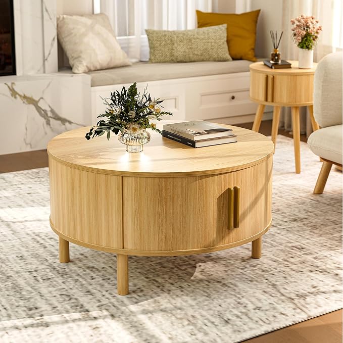 ZttRiee Round Coffee Table with Sliding Doors, Modern, Natural | Ø30.0"D x 16.3"H, 200 lbs capacity, dual sliding-door storage, ~45 min assembly.
